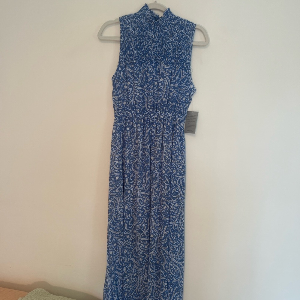 MELLODAY Blue and White Ruched Cut Out Maxi Dress